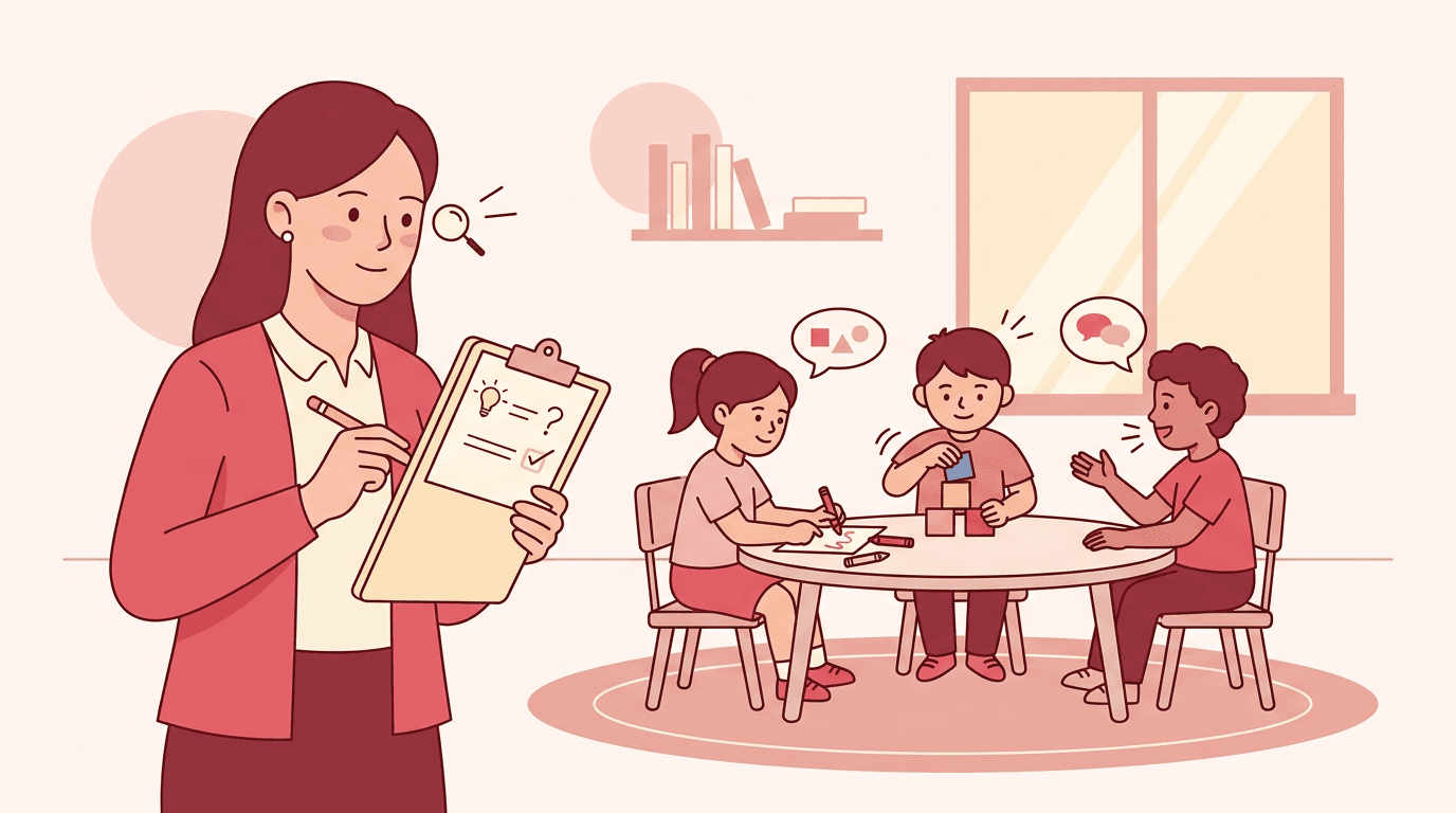 Teacher observes students learning at a table, holding a clipboard with icons to represent focused attention and engagement.