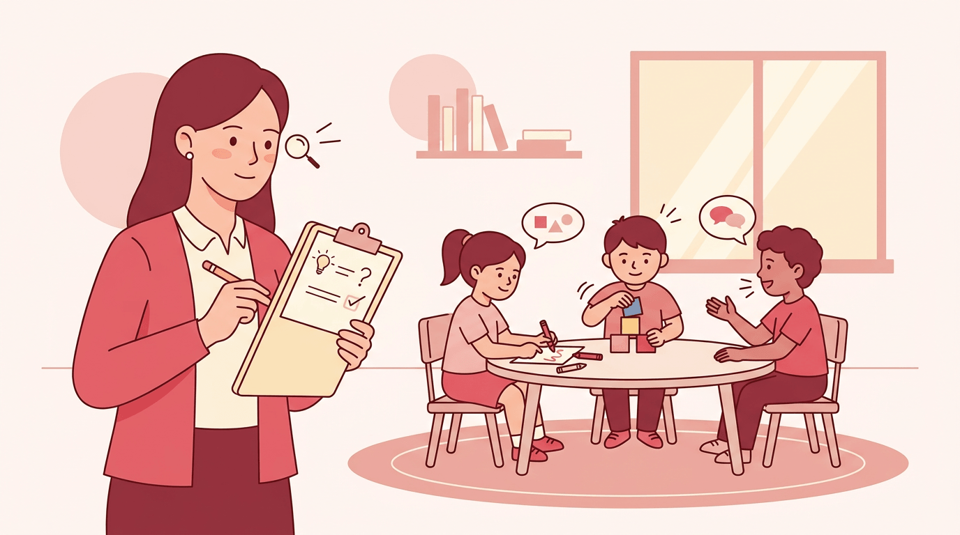 Teacher observes students learning at a table, holding a clipboard with icons to represent focused attention and engagement.