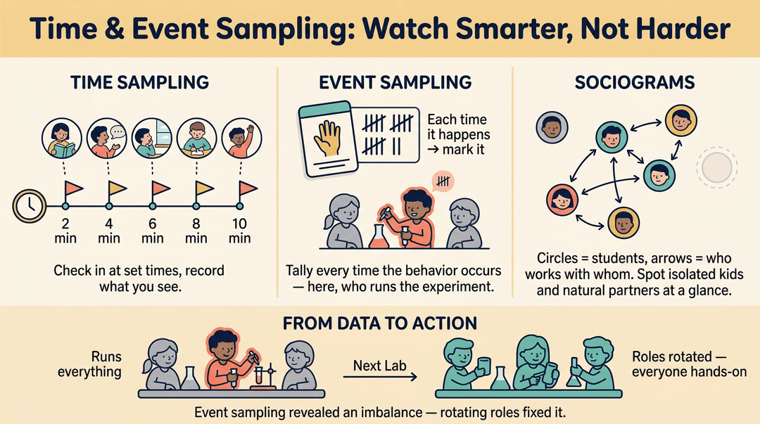 Infographic explaining time sampling, event sampling, and sociograms for classroom observation with a science lab example.