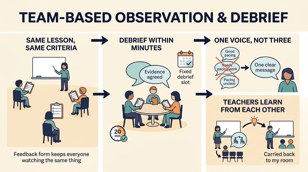 A four-panel diagram illustrating a team-based observation process, from shared criteria to debriefing and applying feedback.
