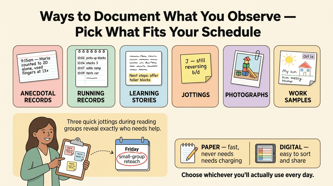Infographic showing six methods for documenting observations, including anecdotal records and photos, plus paper vs digital comparison.