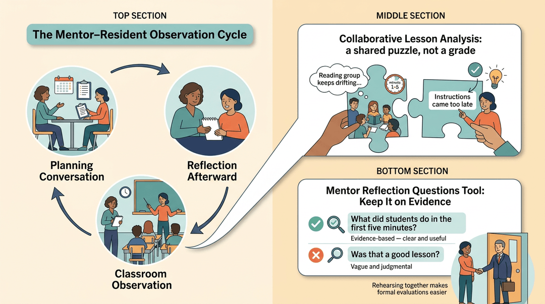 Diagram showing the mentor-resident observation cycle: planning, observing, and reflecting, with examples of collaborative analysis and evidence-based questions.