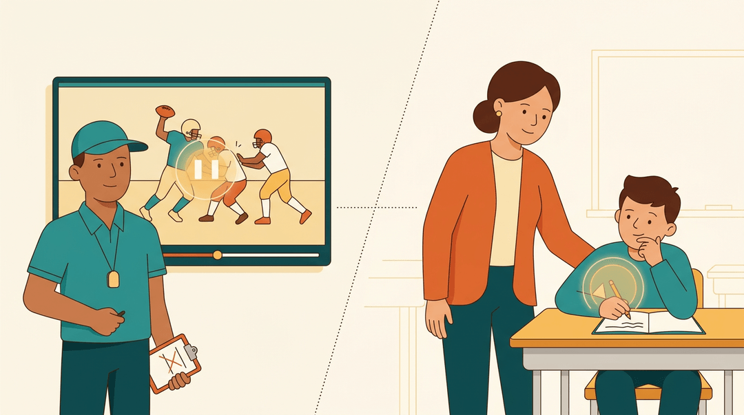A coach reviewing game film and a teacher observing a student are linked by a dotted line, symbolizing the shared habit of noticing subtle moments.