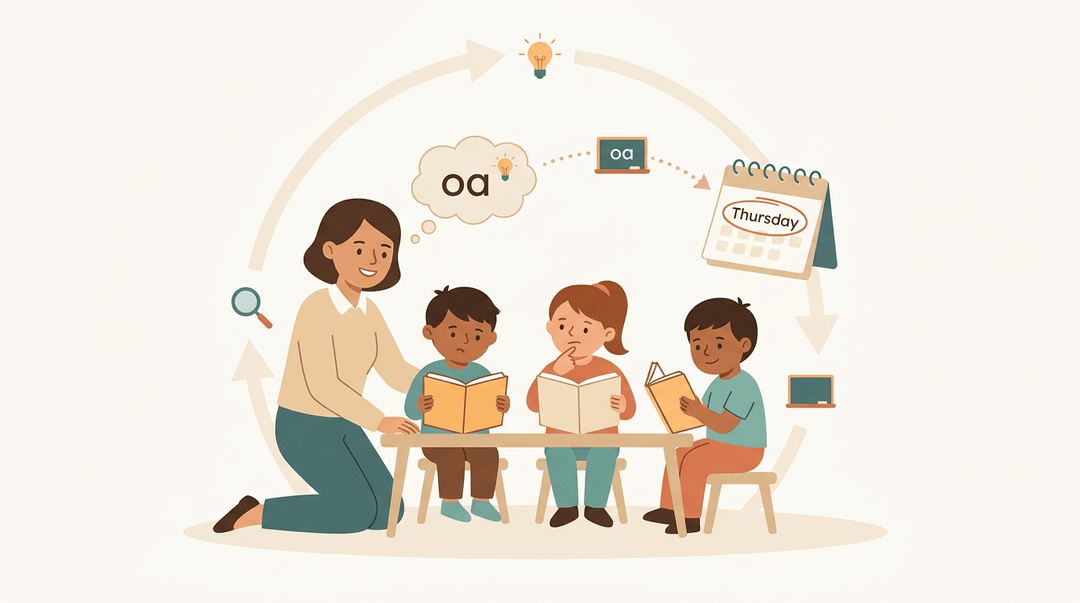 Teacher and students read books while planning a phonics lesson on 'oa', symbolizing the observe-plan-teach cycle.
