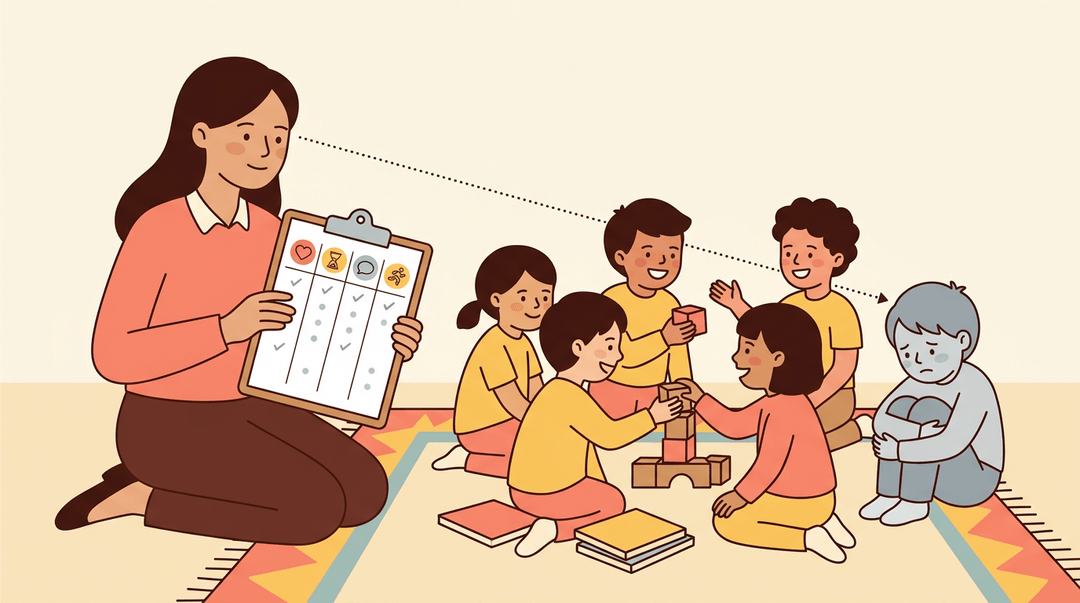 A teacher observes children playing, noting developmental milestones on a clipboard while gently focusing attention on one withdrawn child.