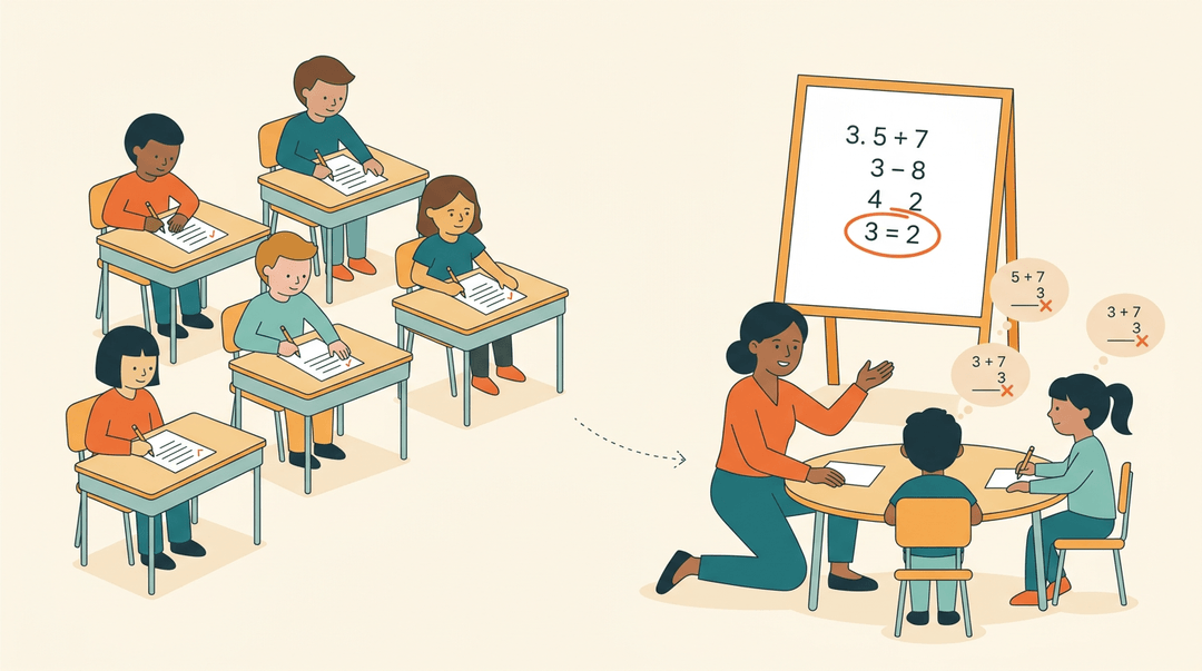 Teacher helps three students with a shared math mistake while others work independently.