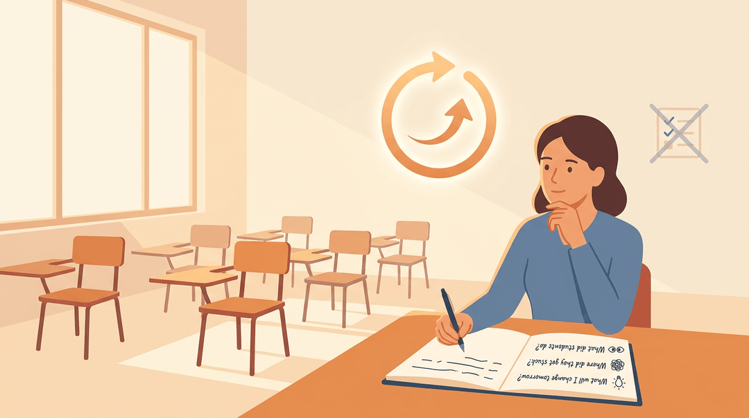 A teacher reflects in an empty classroom, using a loop symbol for continuous improvement instead of a crossed-out checklist.