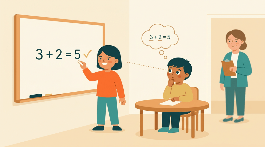 A student solves math at a whiteboard while a peer observes and a teacher smiles in the background.