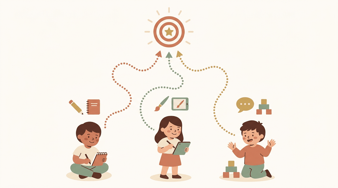 Three students reach one goal via different paths, showing personalized routes to a fixed learning target.