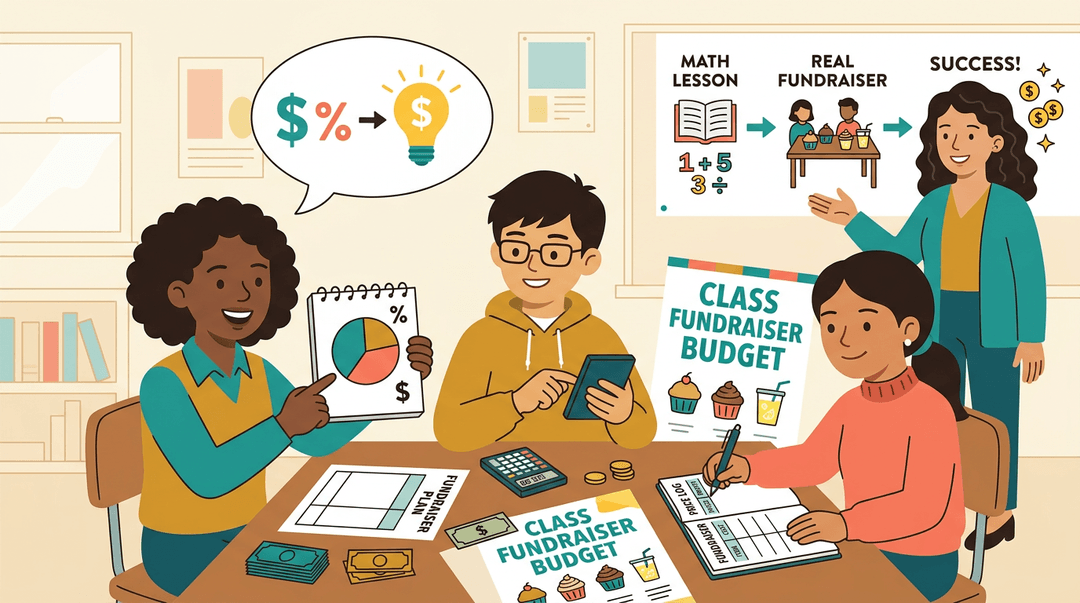 Students plan a fundraiser using math concepts while a teacher guides them, illustrating real-world application of classroom learning.