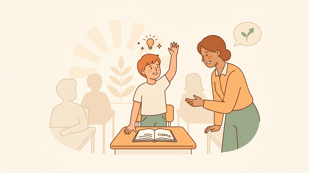 A seventh grader raises a hand with a glowing lightbulb above, while an encouraging teacher gestures toward them in a warm classroom.