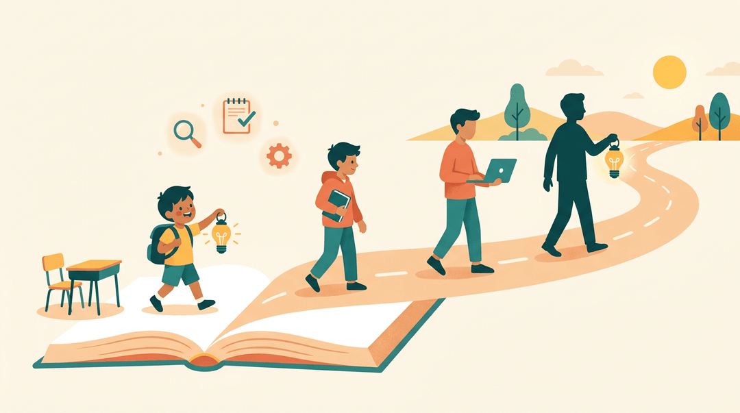 A child's learning journey transforms from a classroom desk into a lifelong path, illustrated by growing figures carrying a lantern of curiosity.