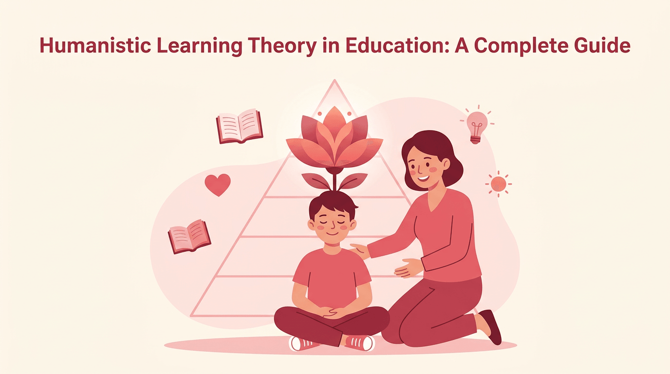 A student blooms with growth while a teacher guides, illustrating Maslow's hierarchy and humanistic learning theory.