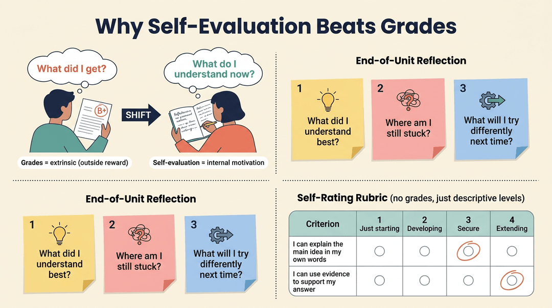 Infographic comparing grades to self-evaluation, featuring reflection prompts, peer feedback, and a descriptive rubric.
