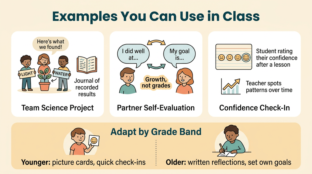 Infographic showing three classroom strategies: team science projects, partner self-evaluation, and confidence check-ins, plus adaptations for different grade levels.