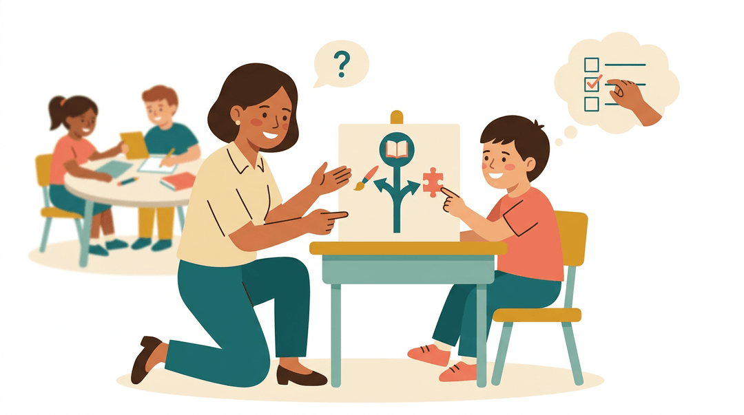 A teacher guides a student through learning options on a chart, emphasizing choice and collaboration in a warm classroom.