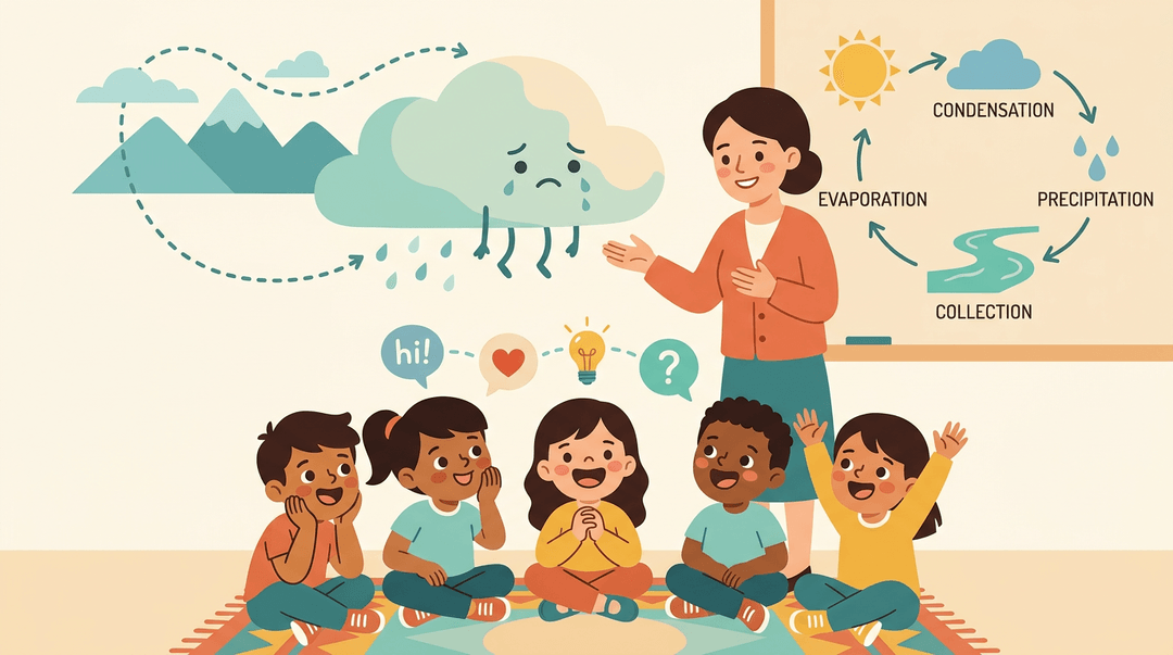 Teacher tells story to students about a lost rain cloud, with water cycle diagram on board.