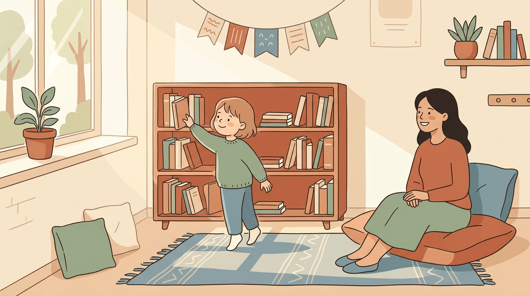 A child chooses a book from a low shelf while a teacher watches calmly from a cushion nearby in a cozy, sunlit reading nook.