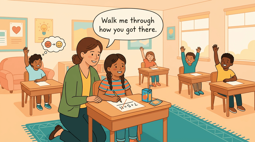 A teacher kneels to support a relieved student while diverse classmates participate confidently in a warm, safe classroom.