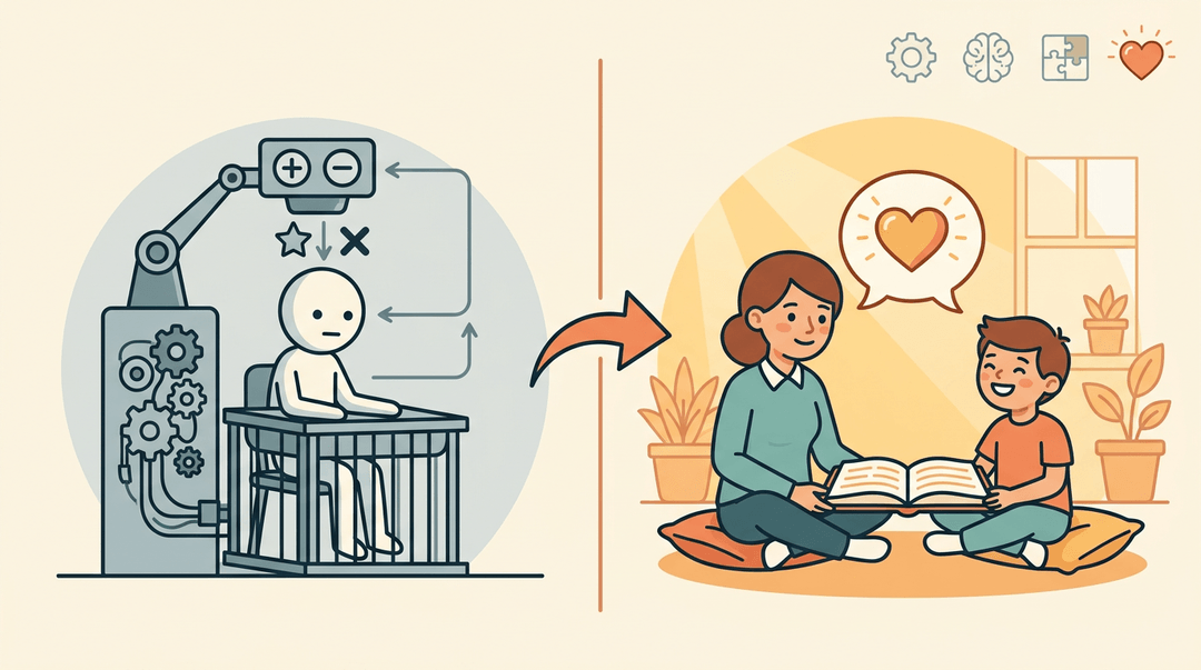Split illustration contrasts Skinner's mechanical behaviorism with Rogers' warm humanist teaching, highlighting the shift toward student-centered learning.