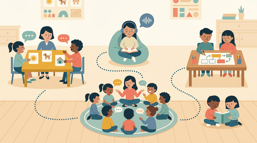 Students use flashcards, audio, and graphic organizers to learn, then gather on a central rug for shared discussion.