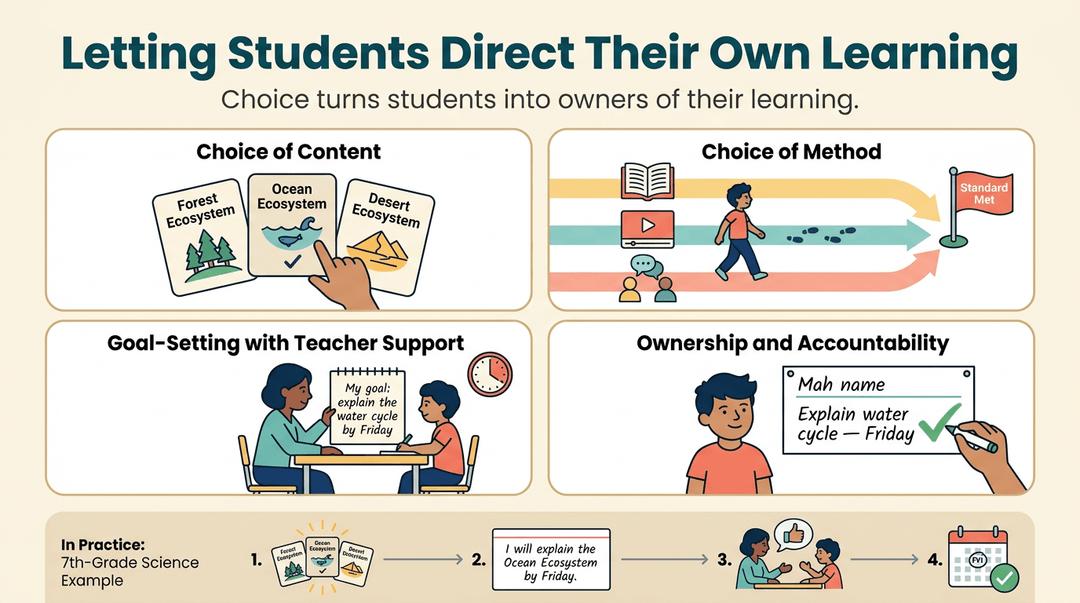 Infographic showing student-directed learning through content choice, method selection, goal setting, and accountability.