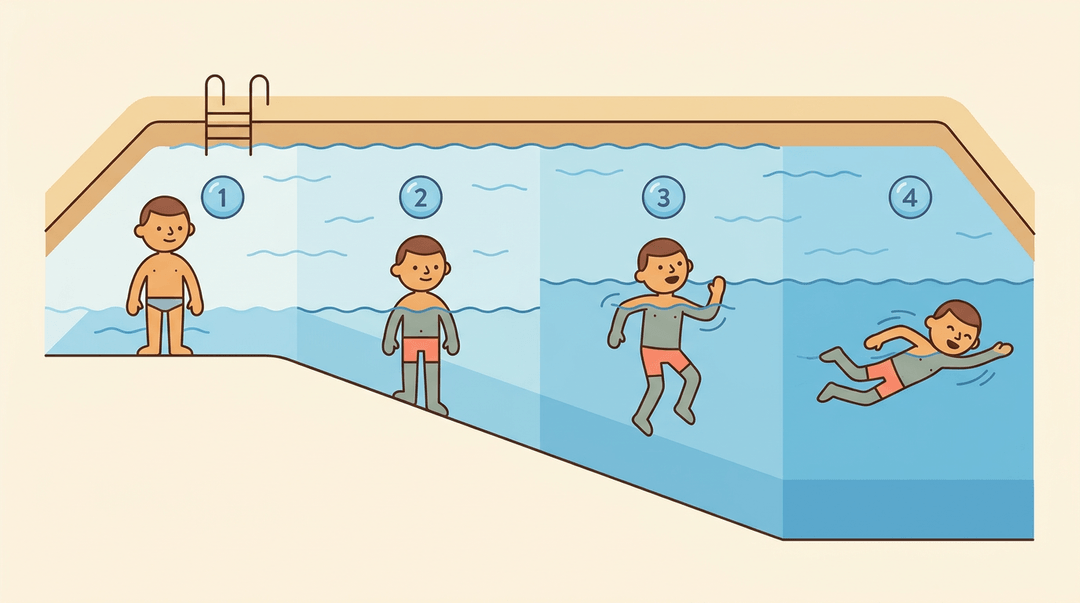 A cross-section of a pool showing four students at increasing depths, symbolizing levels of thinking from shallow to deep.