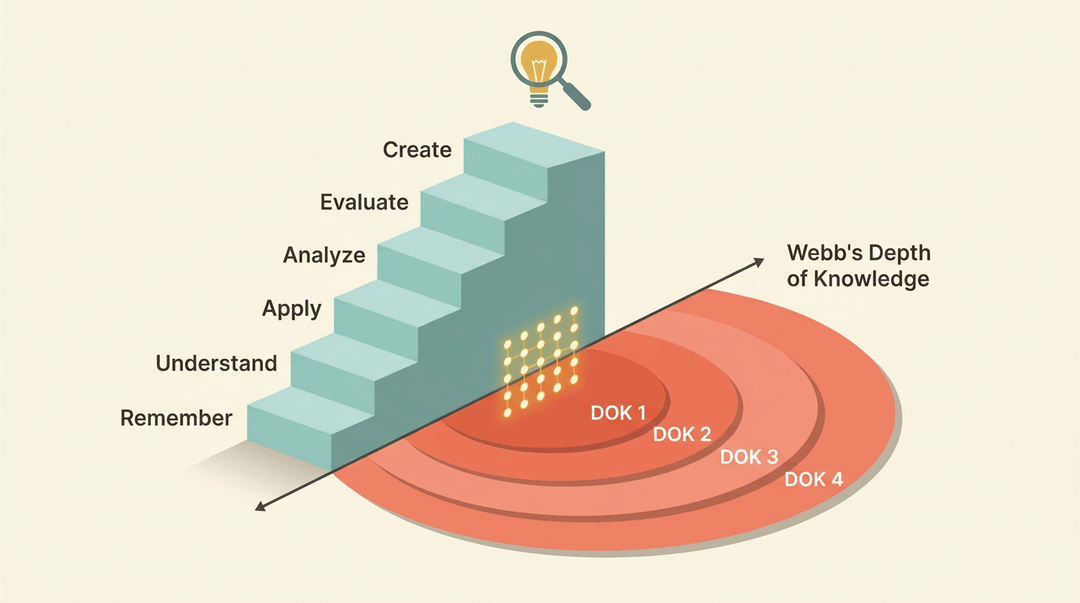 Bloom's Taxonomy staircase intersects Webb's DOK concentric circles at glowing nodes, visualizing the Cognitive Rigor Matrix with a magnifying glass icon.