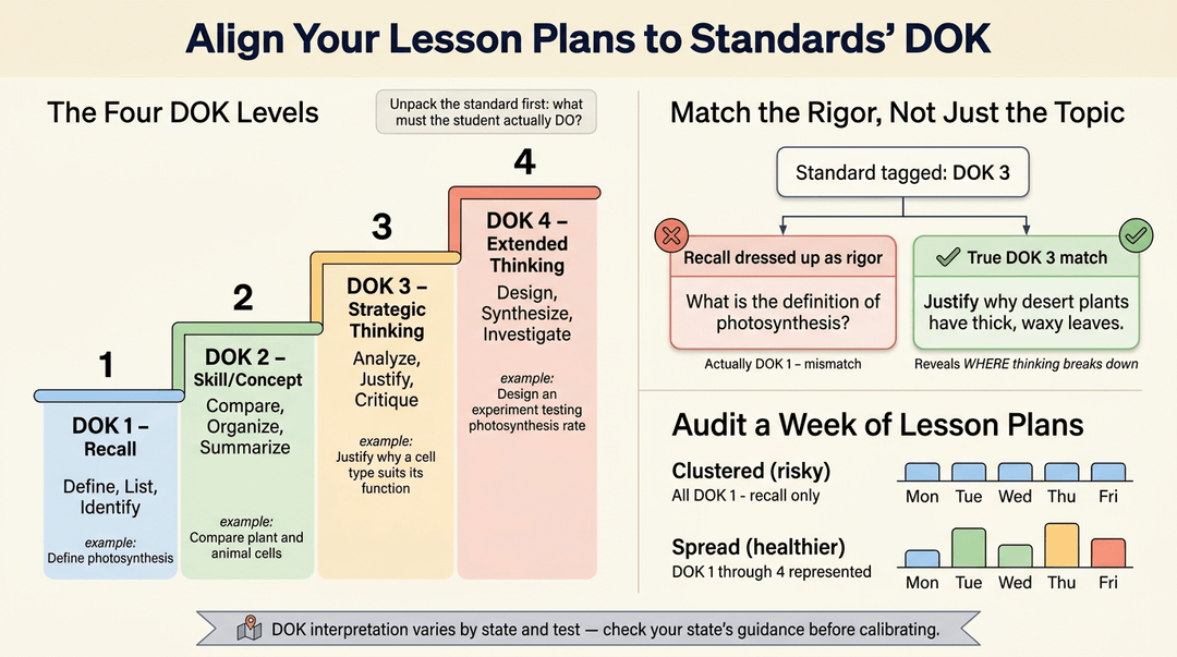Infographic explaining DOK levels 1-4 with examples, mismatched rigor warnings, and weekly lesson plan audit charts.