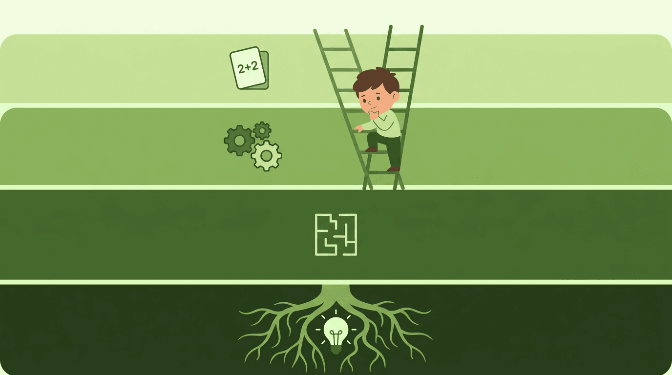 A student climbs a ladder through green soil layers, passing icons for recall, application, strategy, and deep thinking.
