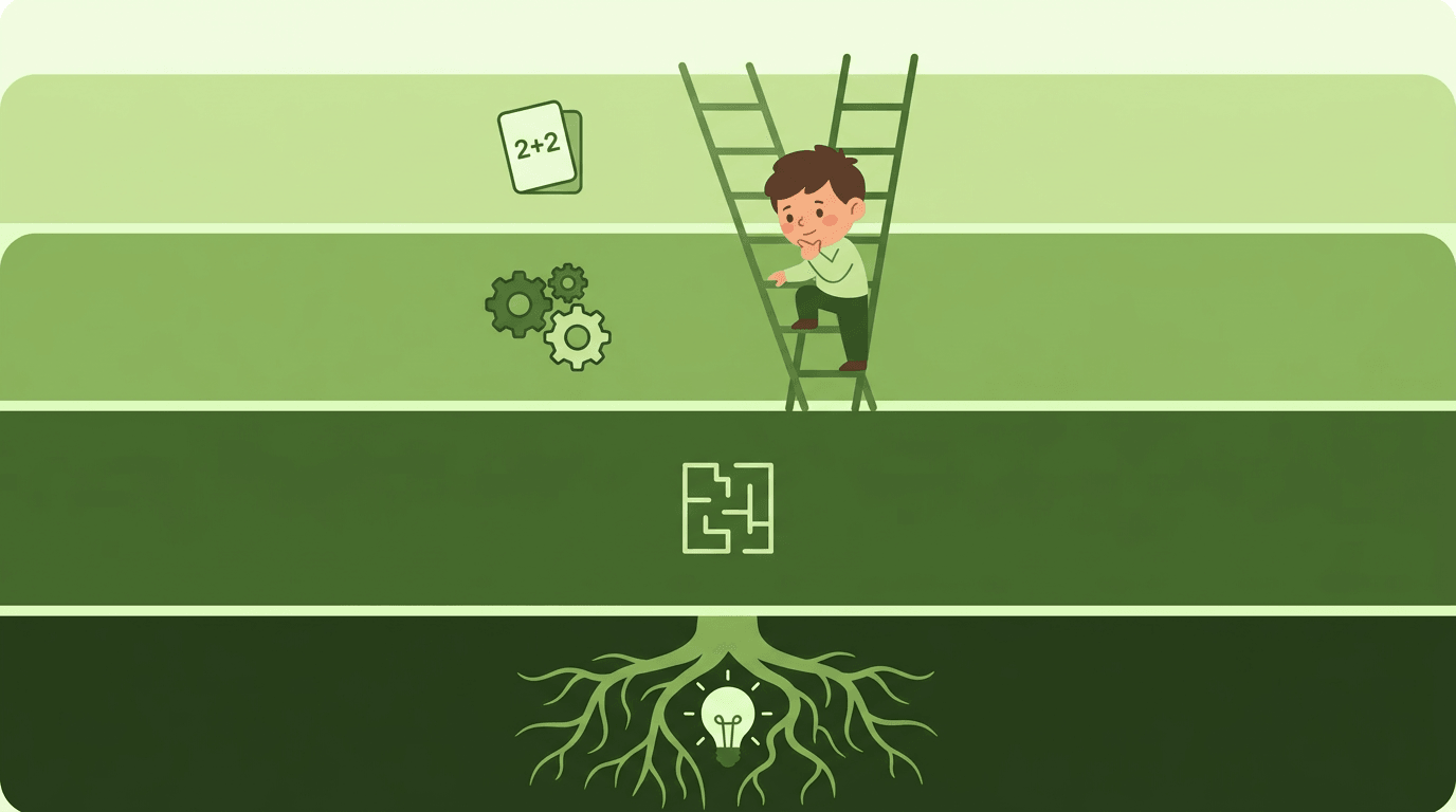 A student climbs a ladder through green soil layers, passing icons for recall, application, strategy, and deep thinking.