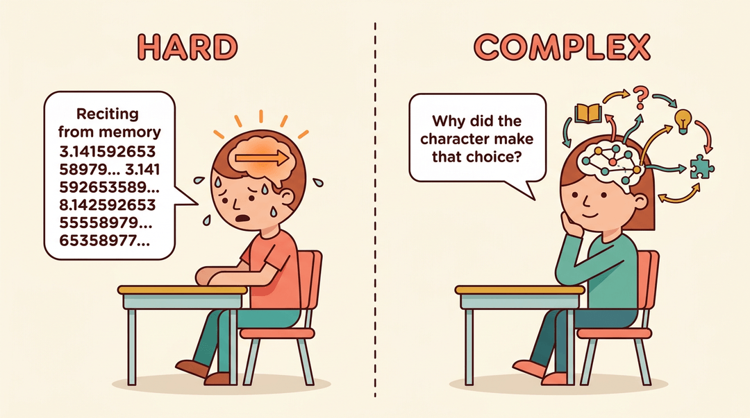 Comparison of hard rote memorization versus complex critical thinking in education.