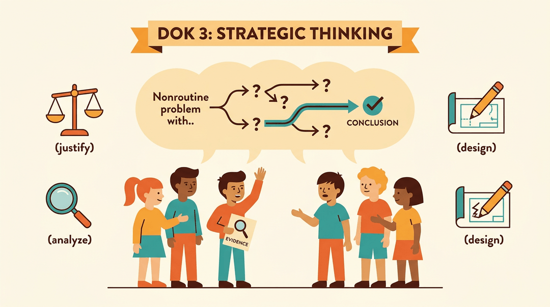 Students debate evidence for a complex problem, guided by icons for analysis and design under a strategic thinking banner.