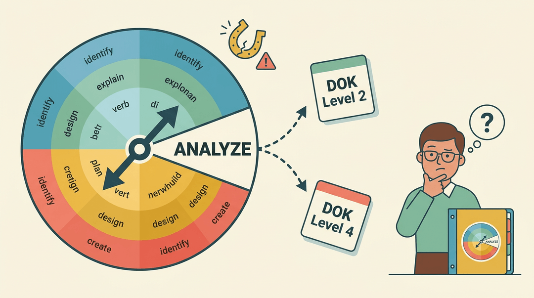A colorful wheel labeled 'ANALYZE' points to conflicting DOK levels, confusing a teacher.
