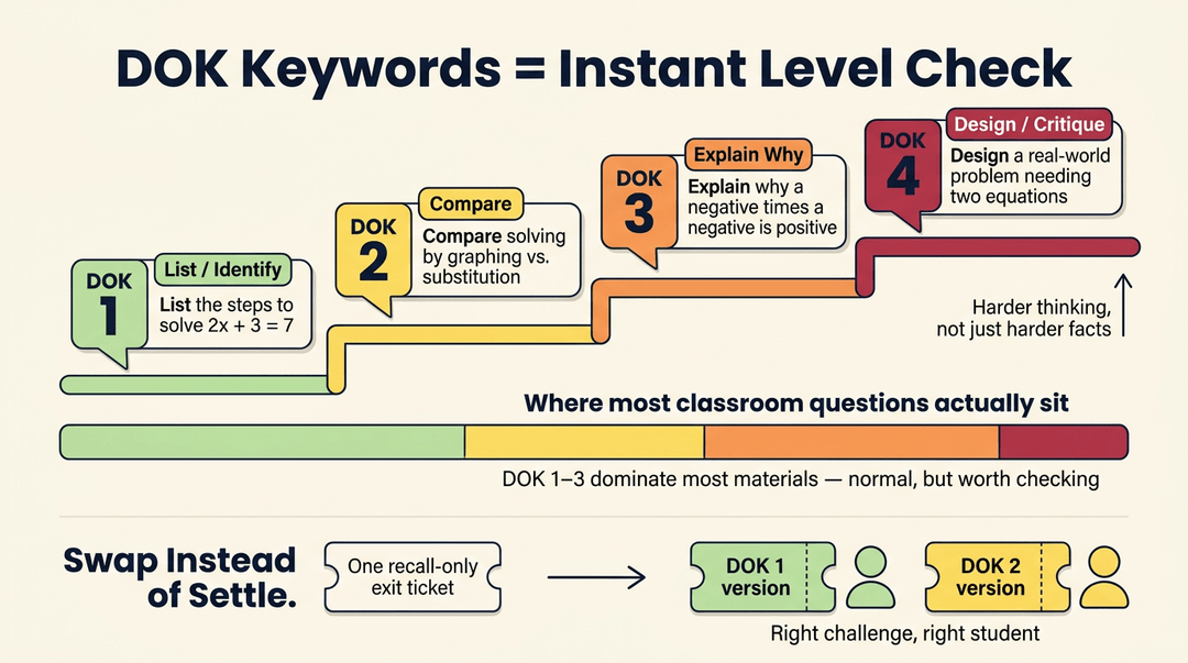 Infographic showing DOK levels 1-4 as ascending steps with keywords and math examples, plus a bar chart and exit ticket swap strategy.