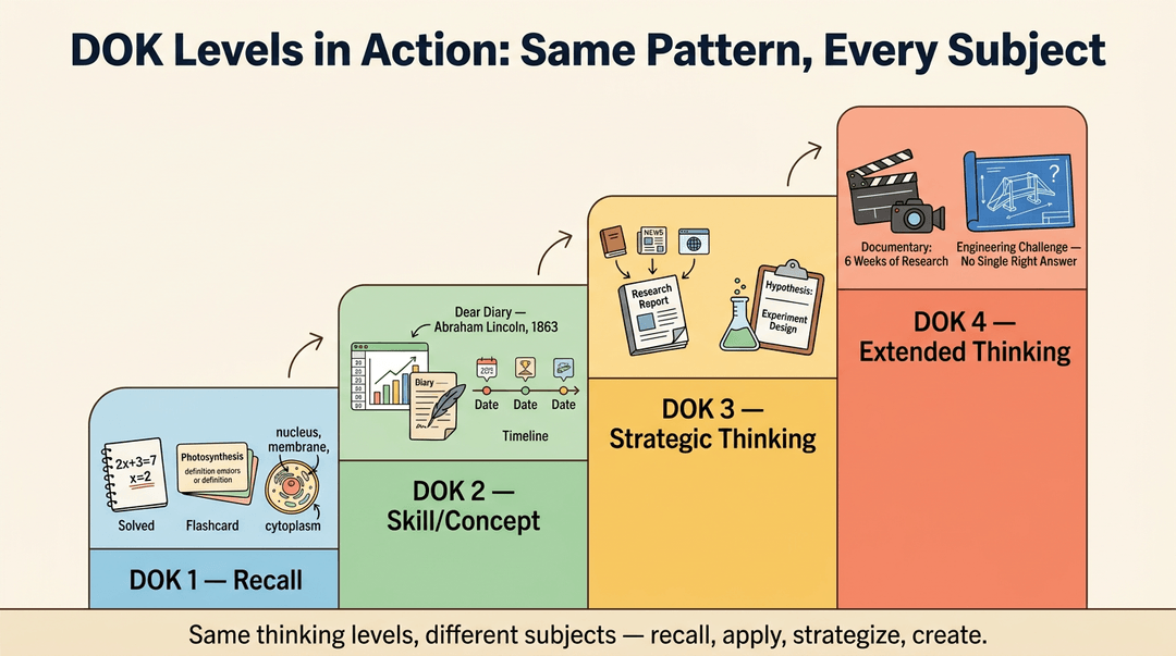 Staircase graphic showing four DOK levels in action, from recall to extended thinking, with subject-specific icons for each step.