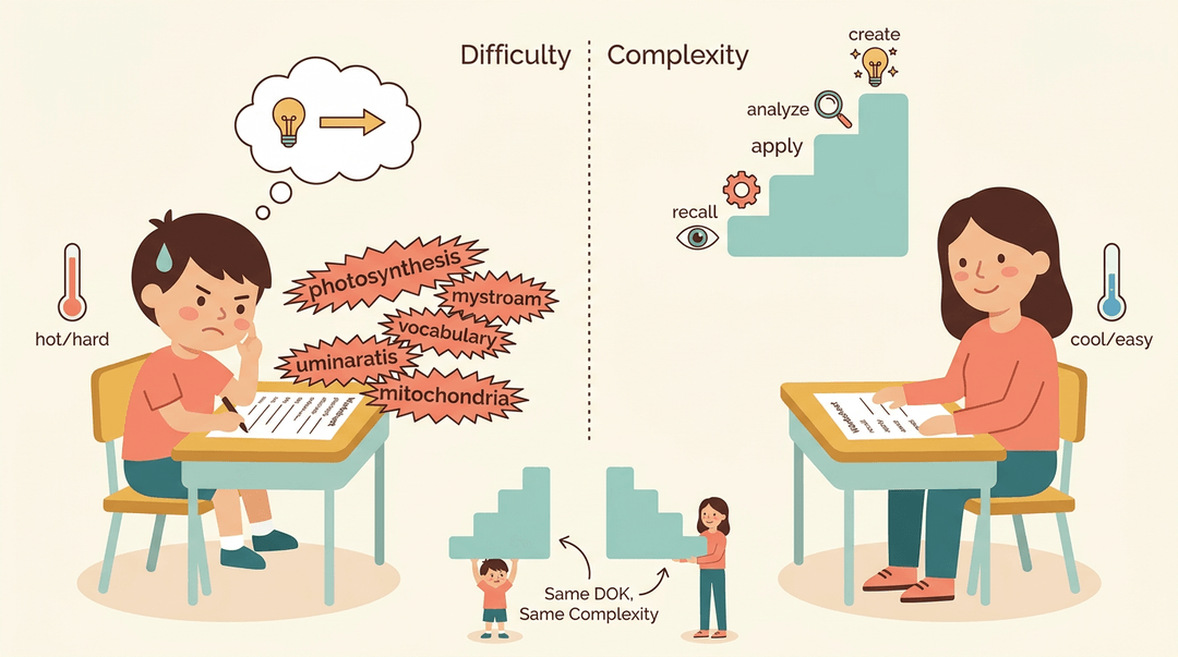 Visual metaphor contrasting shallow difficulty with deep cognitive complexity using staircases and thermometers for different age groups.