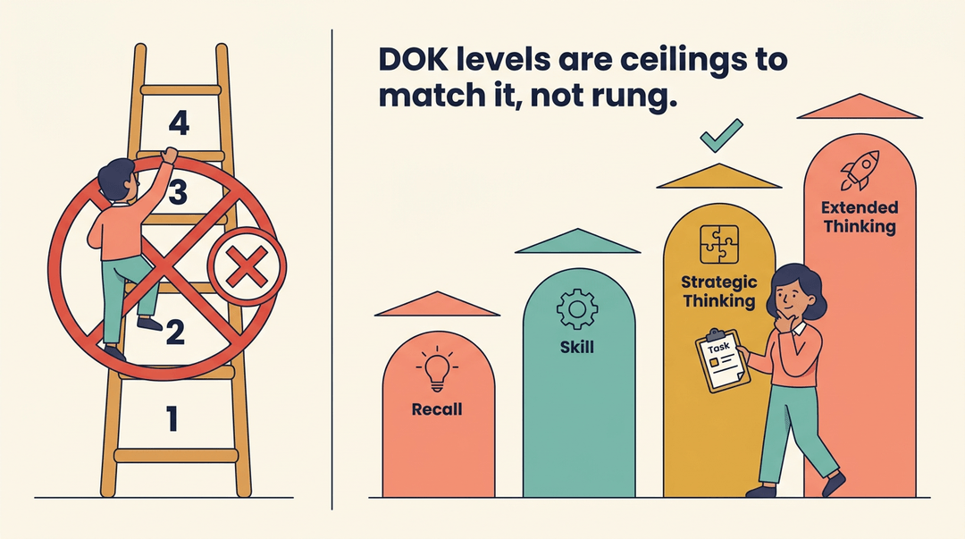 Split image showing a crossed-out ladder for DOK levels versus separate doorways labeled Recall, Skill, Strategic Thinking, and Extended Thinking.