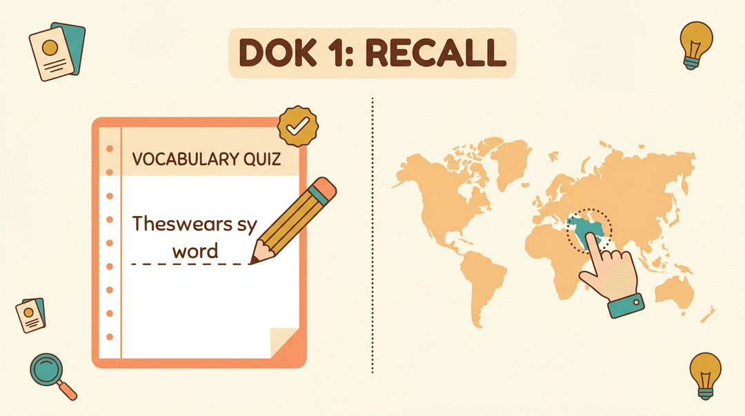 Flat illustration showing a vocabulary quiz and map recall tasks under the heading