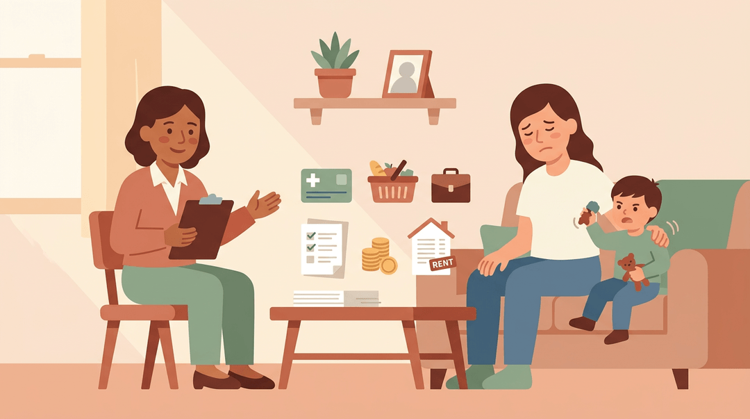 Home visitor supports a parent and toddler with resources like housing and job aid, balancing practical help with emotional care.