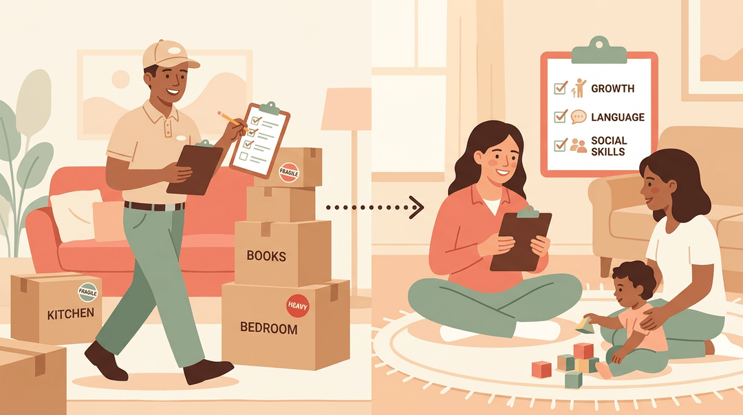 Split illustration comparing a mover labeling boxes to an educator checking developmental milestones during a home visit.