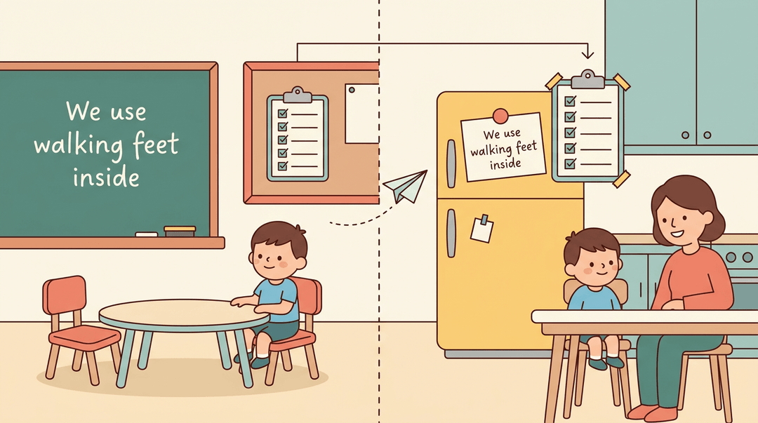 A split illustration showing a school and home scene connected by a dotted line, featuring the same boy and note about walking feet.