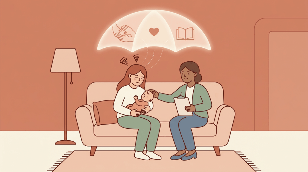Tired parent holds baby while an educator offers support under a protective canopy of symbols, easing stress.