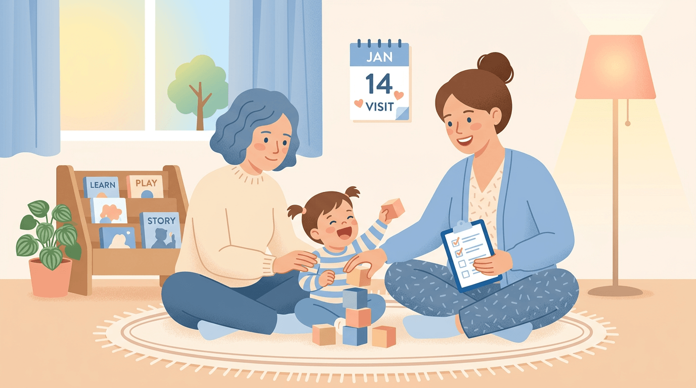 Home visitor shows a mother and toddler how to stack blocks in a cozy living room.