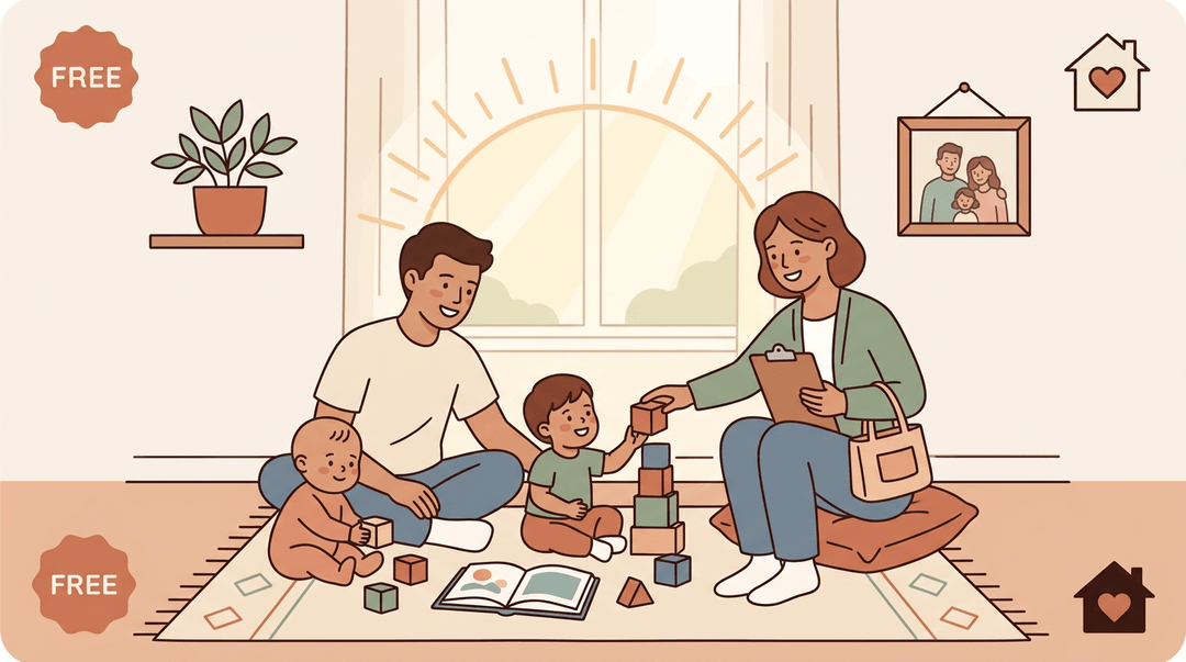 Parent and children play with blocks while a home visitor guides them, symbolizing supportive early learning.