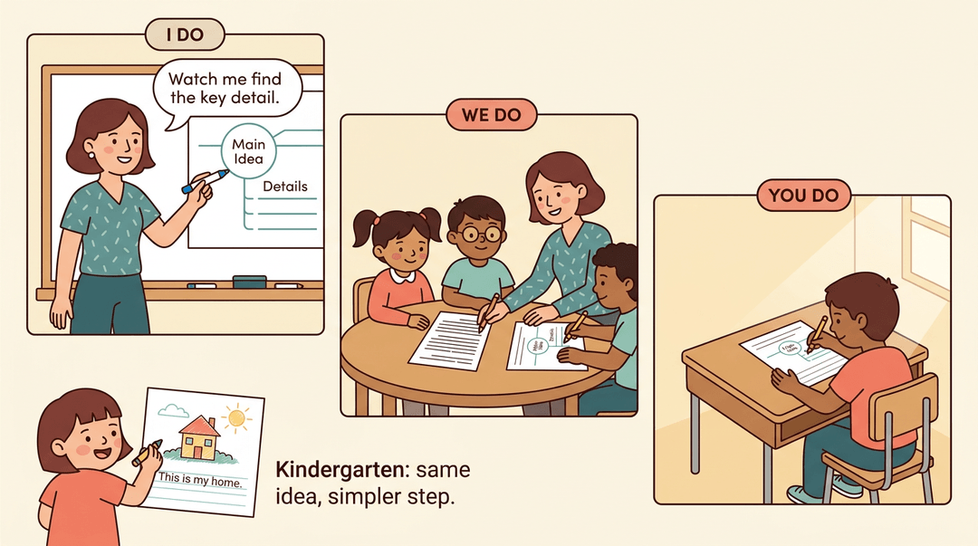 A three-panel illustration shows the gradual release of responsibility: I Do, We Do, and You Do, ending with a kindergarten example.