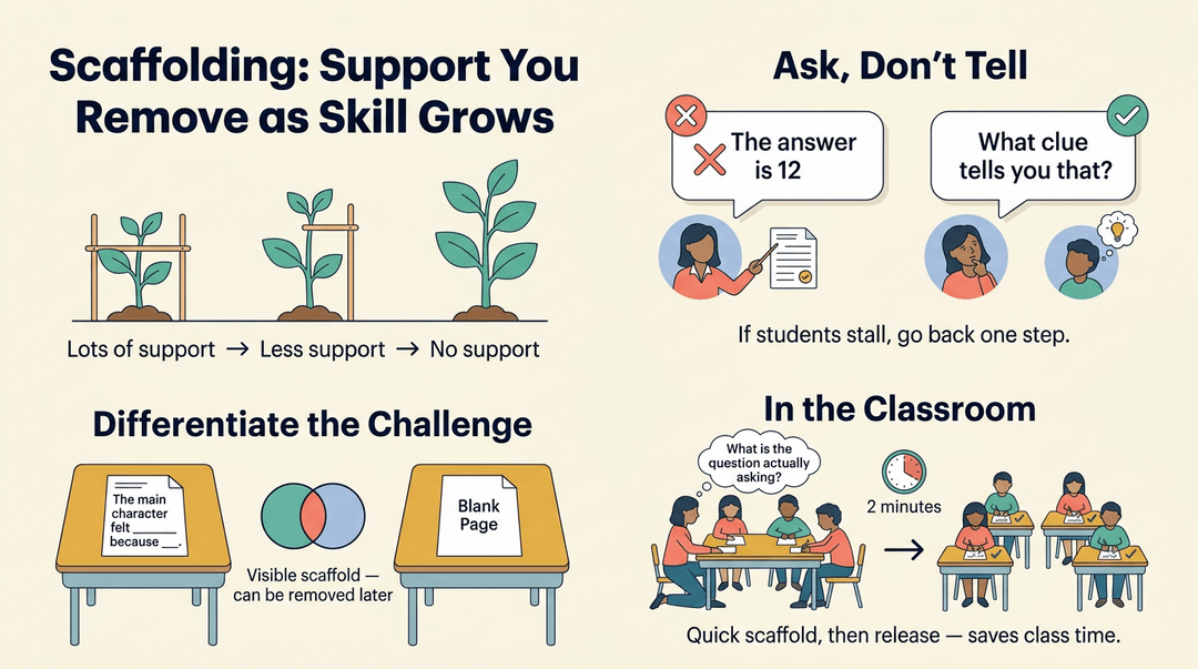 An infographic illustrates scaffolding strategies, showing support fading as skills grow, prompting questions over answers, and differentiating challenges.