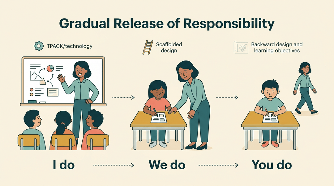 Three-panel illustration shows the Gradual Release of Responsibility model moving from teacher-led instruction to independent student work.