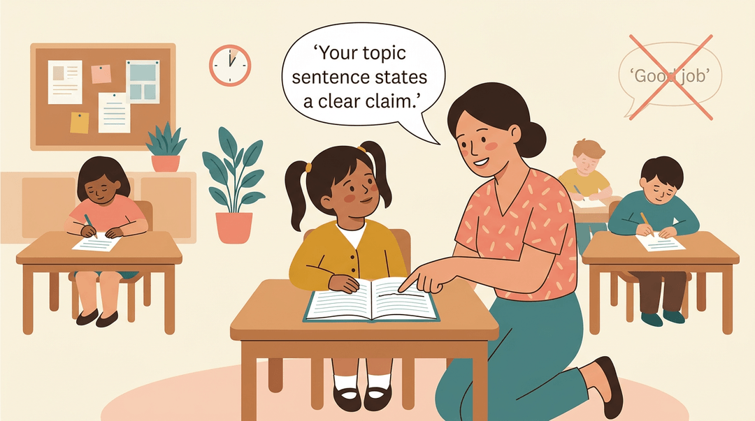 Teacher gives specific feedback to a student about her topic sentence during independent work.