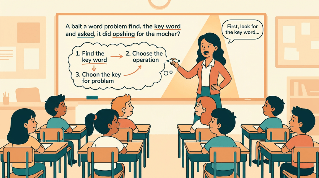 A teacher models solving a word problem on a whiteboard while elementary students watch attentively.